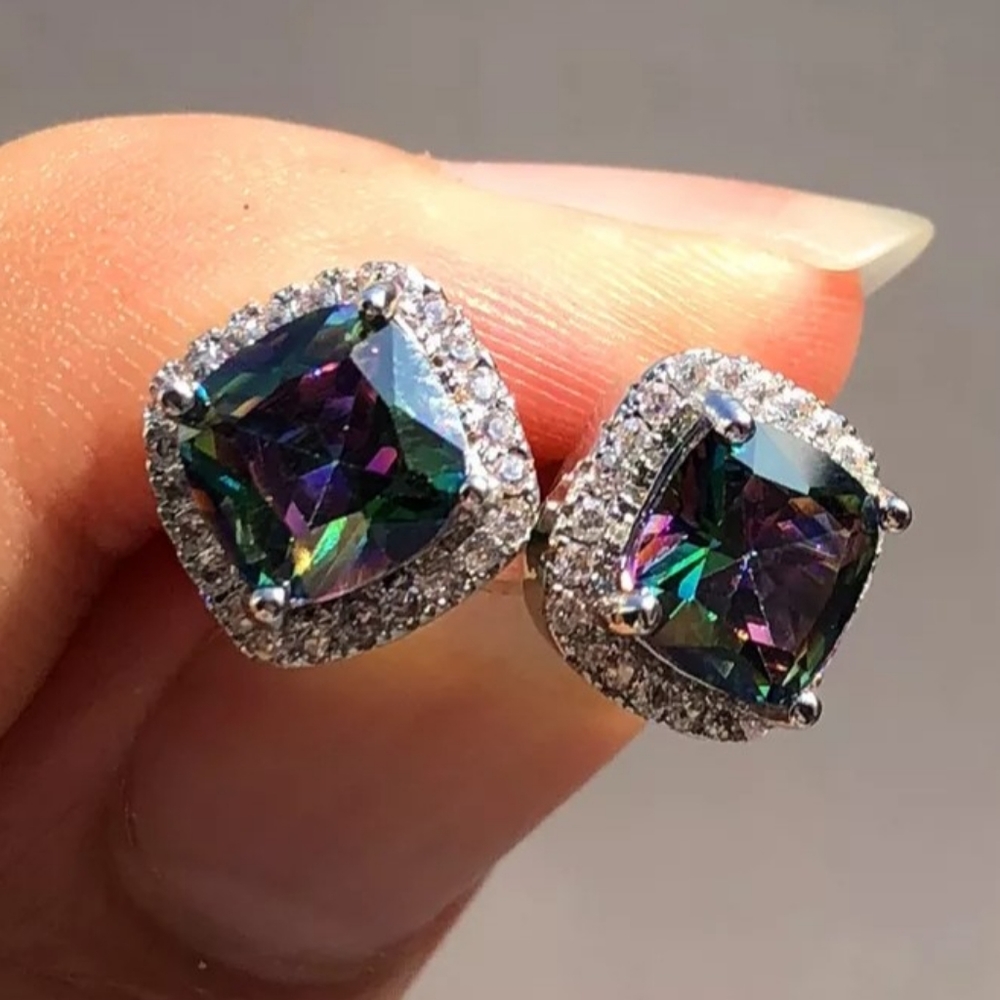🌻🤩N 925 Square Halo Mystic Topaz Stud Earrings🤩🌻 - Picture 2 of 6